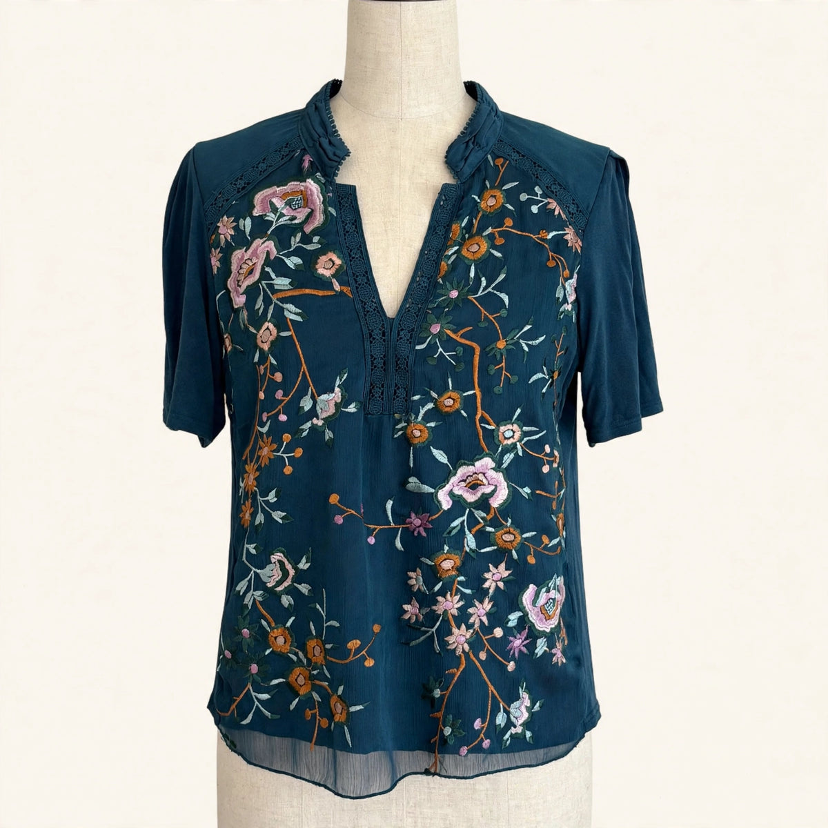 TINY Teal Floral Embroidered Blouse - Size S