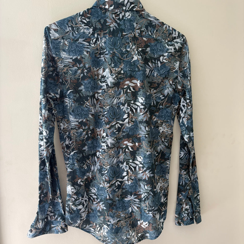 Zara Man Blue & Brown Floral Print Slim Fit Button-Down Shirt