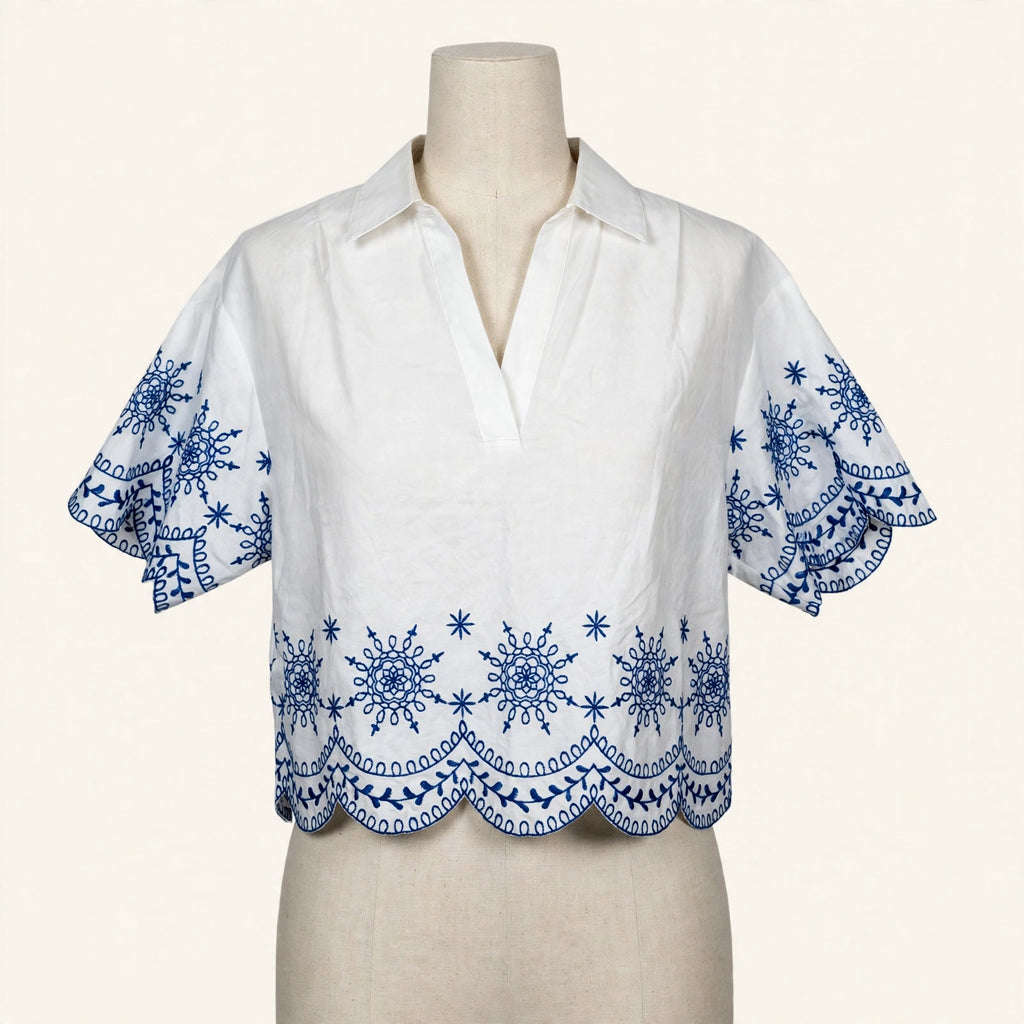NVLT White & Navy Embroidered Top - Size S