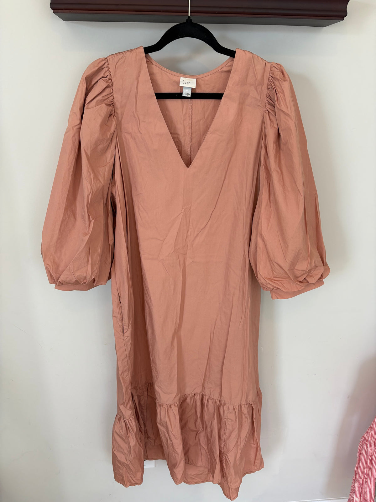 A New Day Dusty Rose Puff Sleeve V-Neck Midi Dress - Size L
