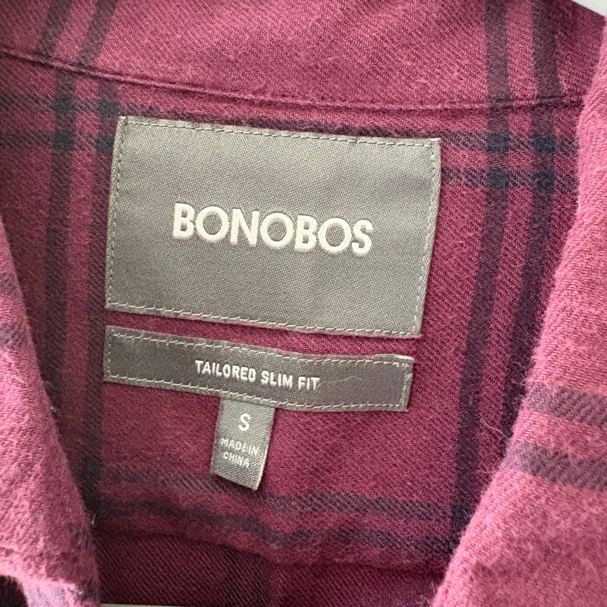 Bonobos Burgundy Windowpane Flannel Tailored Slim Fit Shirt - Size S