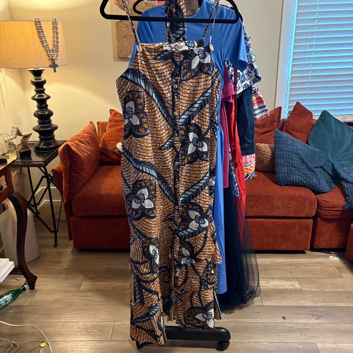 Figue Orange & Navy Wax Print Tiered Ruffle Midi Dress - Size S
