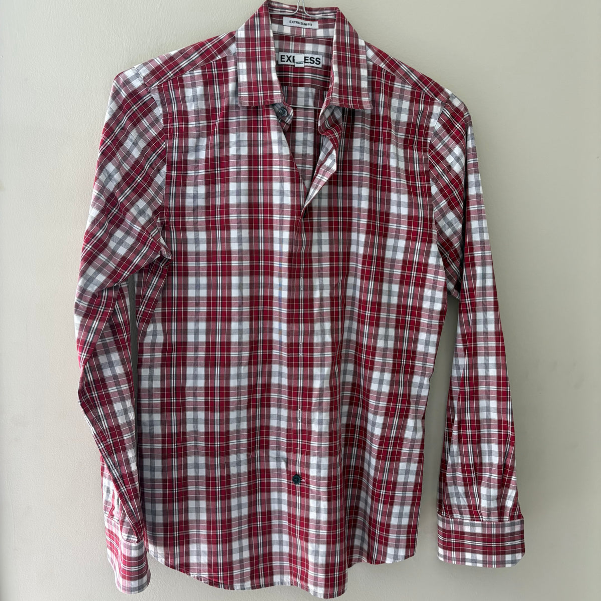 Express Extra Slim Fit Red & White Plaid Dress Shirt - Size S