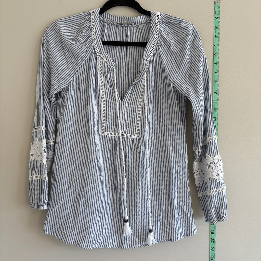 Pale Sky Navy & White Striped Peasant Top with Lace Sleeves Size S
