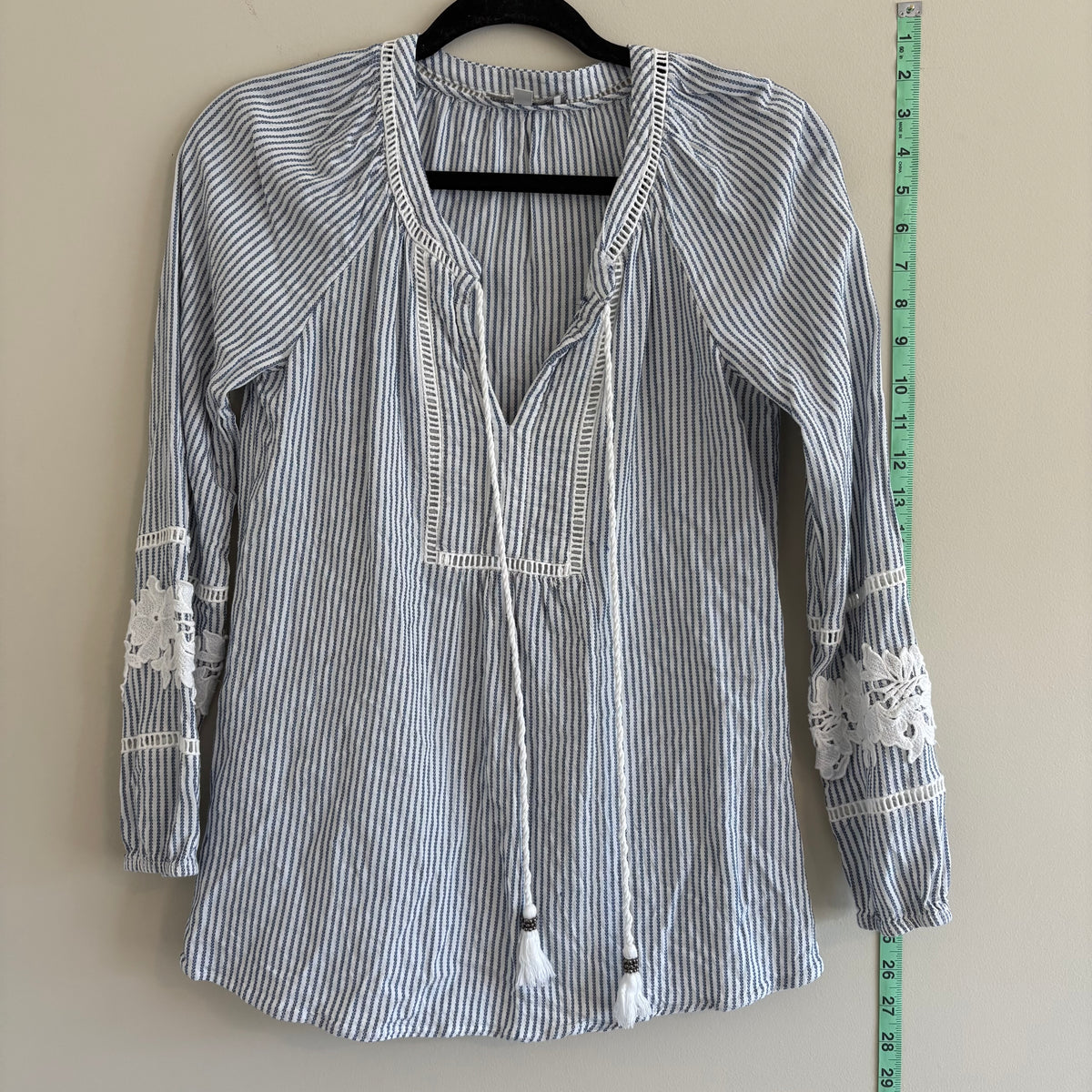 Pale Sky Navy & White Striped Peasant Top with Lace Sleeves Size S