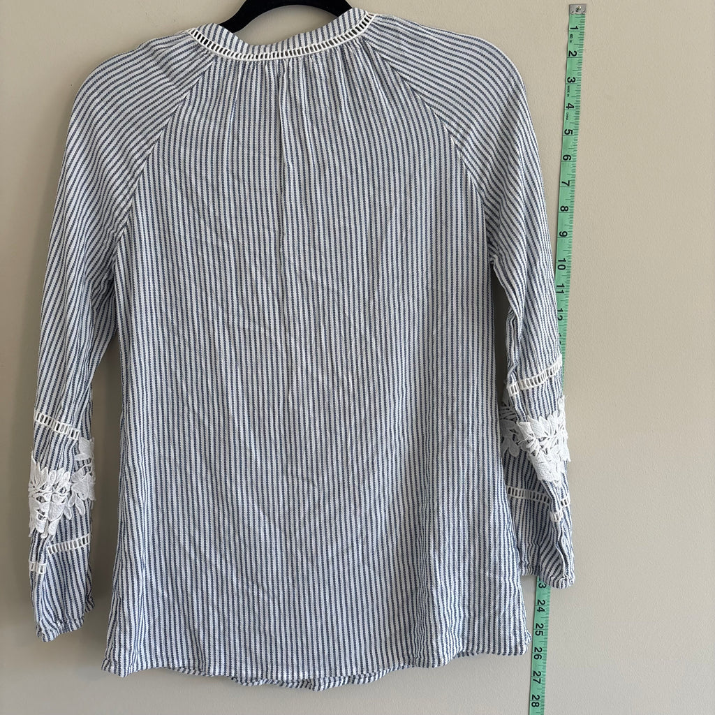 Pale Sky Navy & White Striped Peasant Top with Lace Sleeves Size S