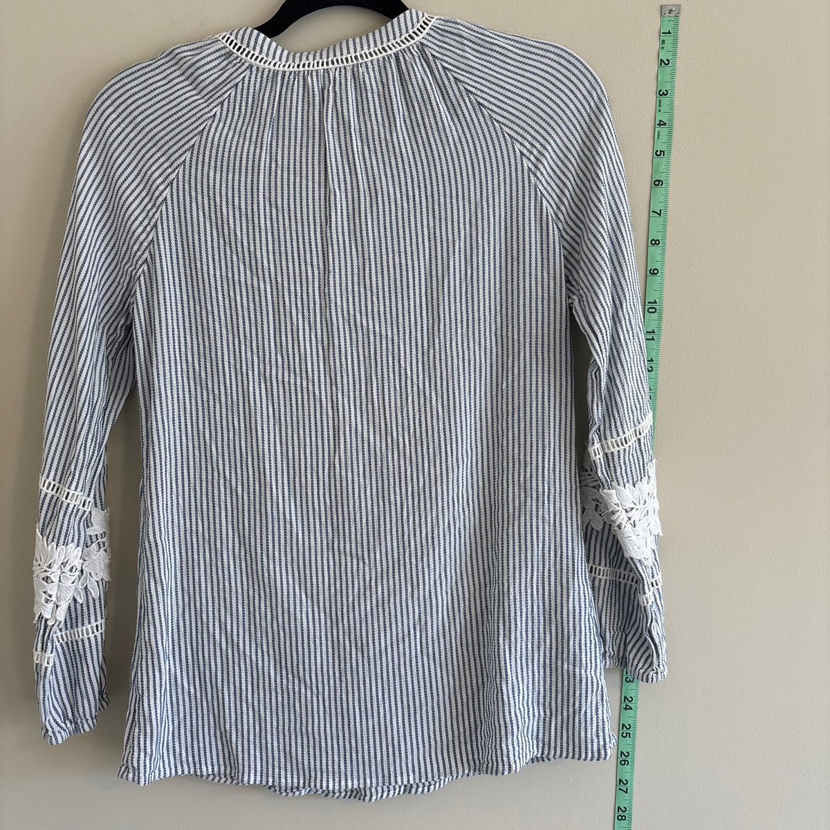 Pale Sky Navy & White Striped Peasant Top with Lace Sleeves Size S