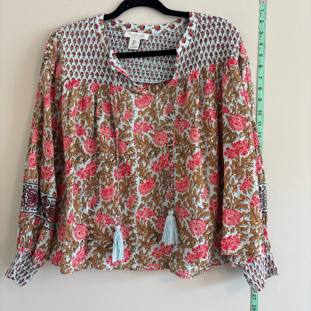 Rachel Zoe Block Print Smocked Peasant Blouse with Tassel Ties Size S