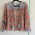 Rachel Zoe Block Print Smocked Peasant Blouse with Tassel Ties Size S