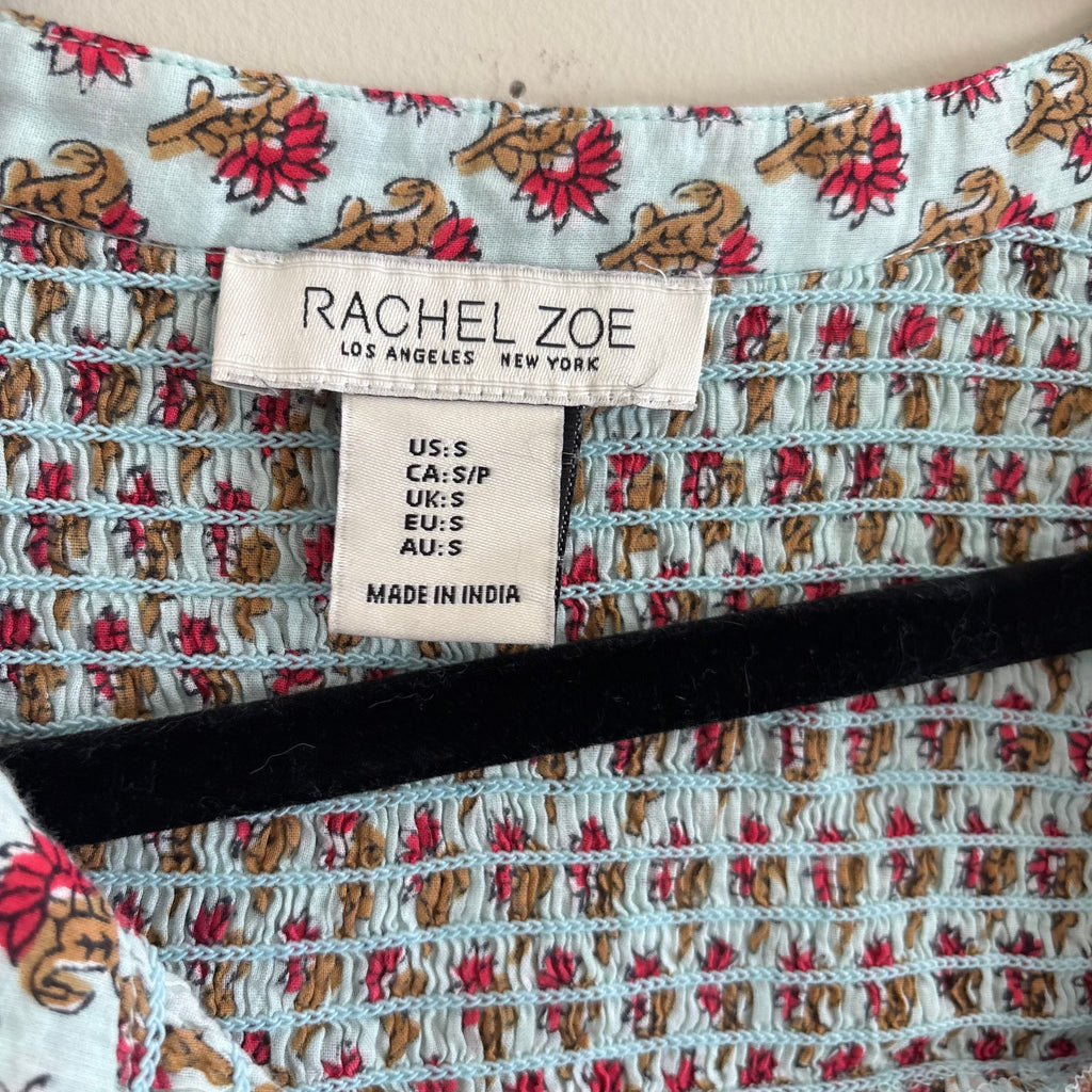 Rachel Zoe Block Print Smocked Peasant Blouse with Tassel Ties Size S