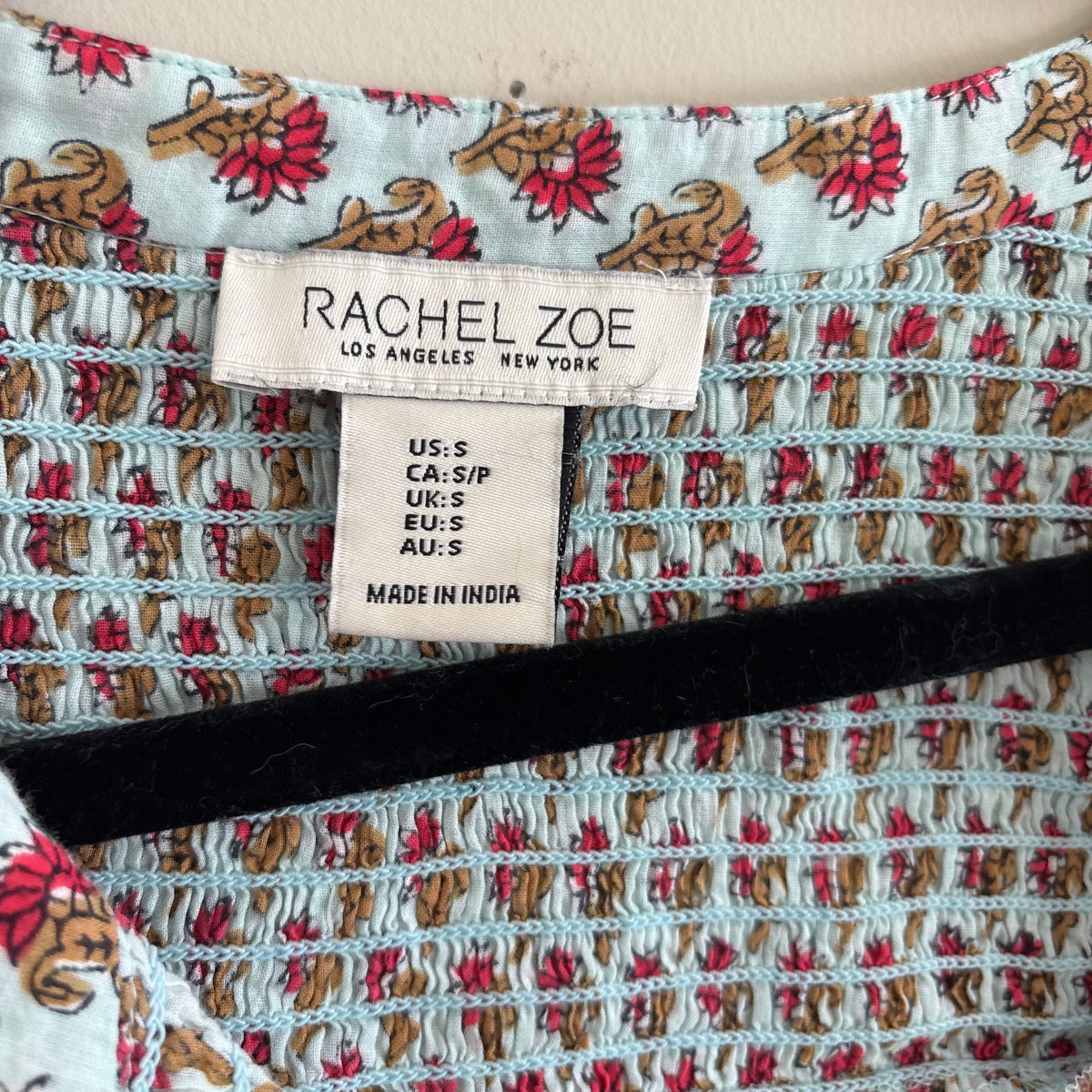 Rachel Zoe Block Print Smocked Peasant Blouse with Tassel Ties Size S