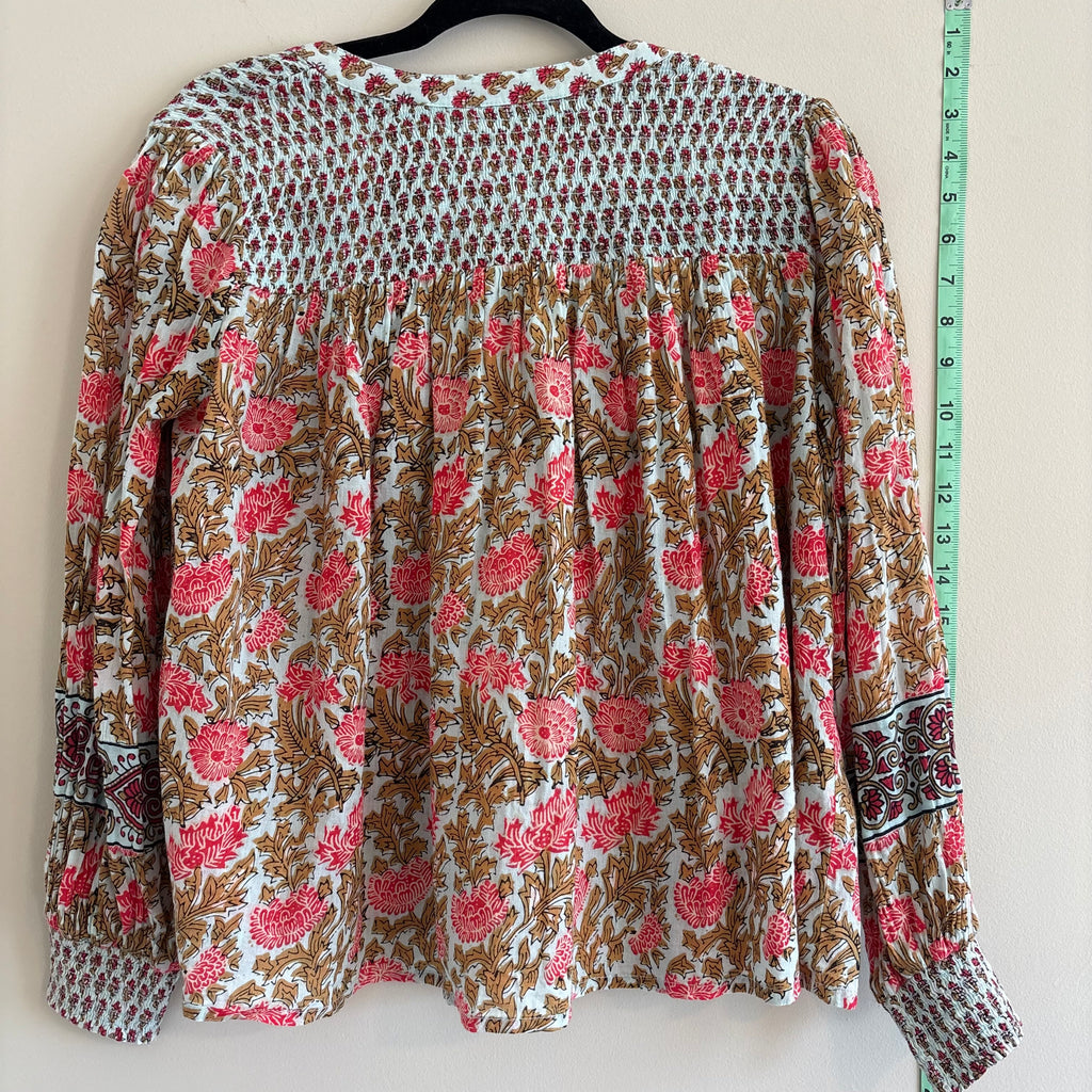 Rachel Zoe Block Print Smocked Peasant Blouse with Tassel Ties Size S
