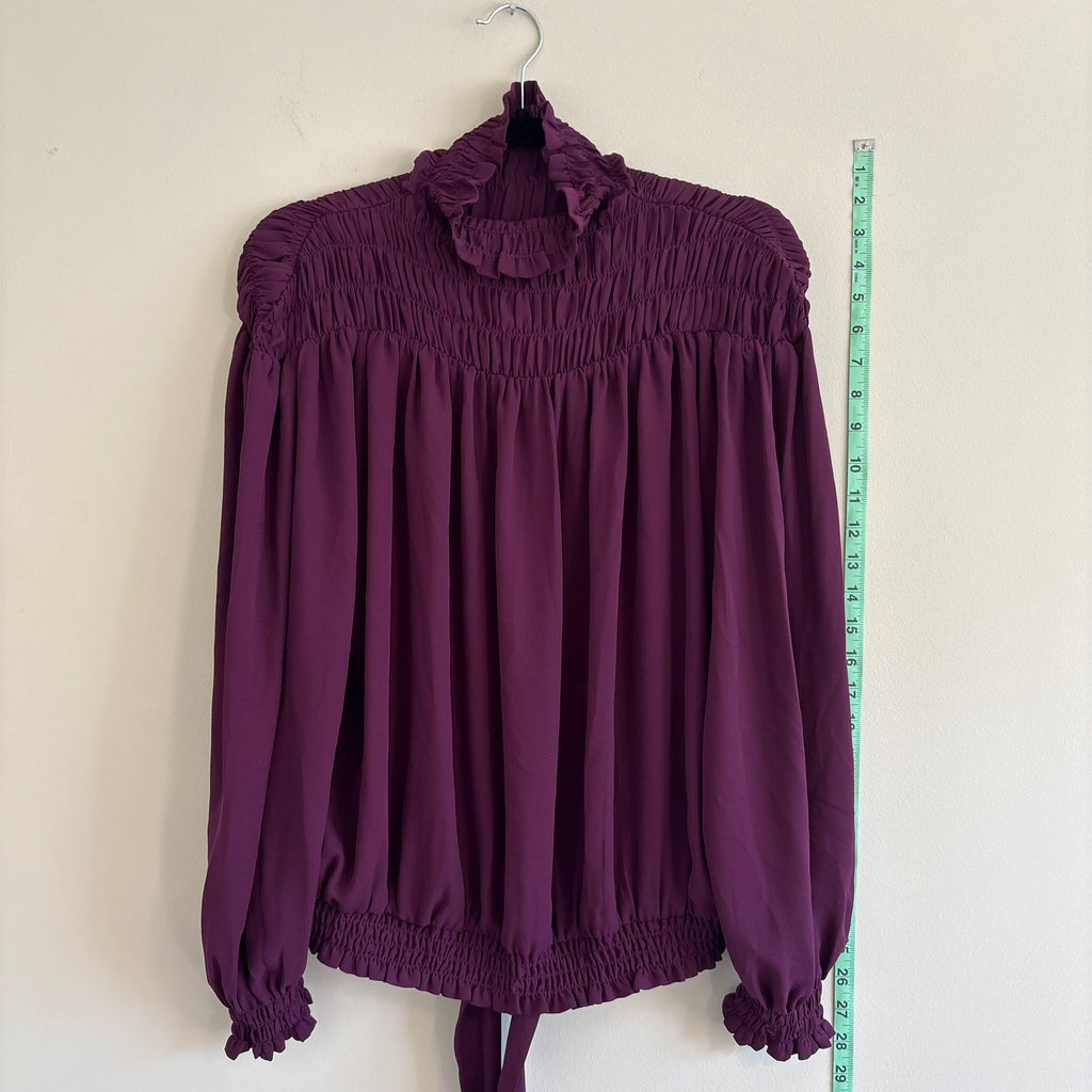 VEUS Plum Purple Smocked High-Neck Ruffle Blouse with Back Tie Size S