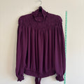 VEUS Plum Purple Smocked High-Neck Ruffle Blouse with Back Tie Size S