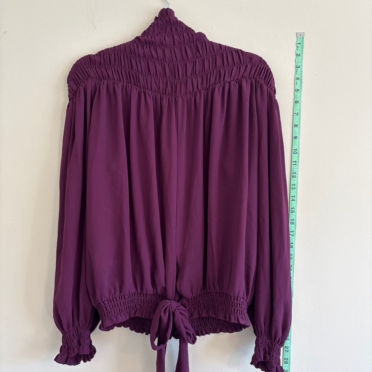VEUS Plum Purple Smocked High-Neck Ruffle Blouse with Back Tie Size S