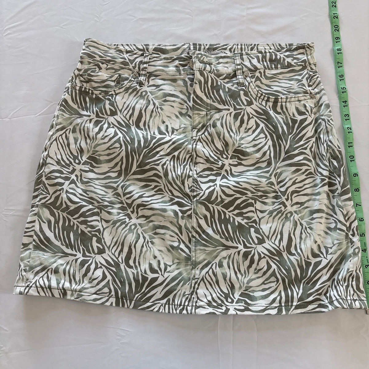 Tommy Bahama Olive & White Palm Print Denim Mini Skirt