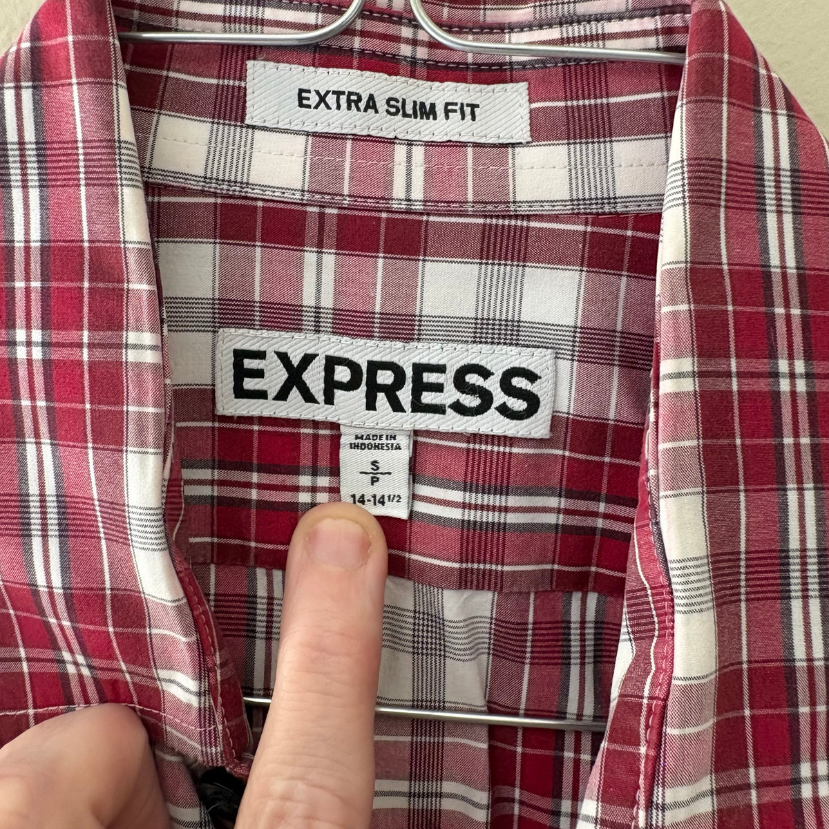 Express Extra Slim Fit Red & White Plaid Dress Shirt - Size S