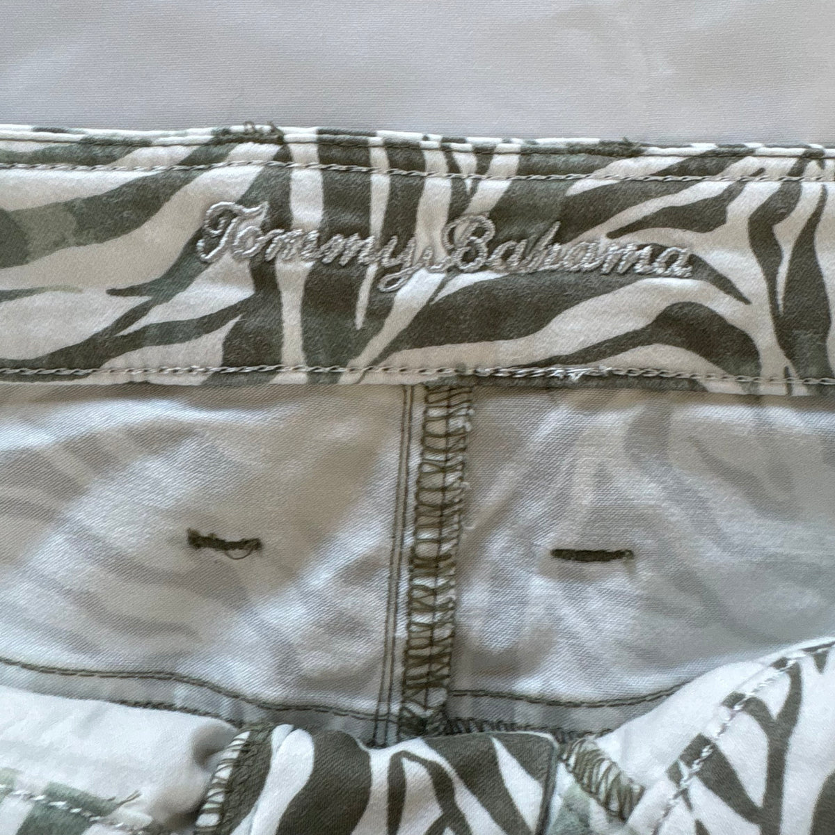 Tommy Bahama Olive & White Palm Print Denim Mini Skirt