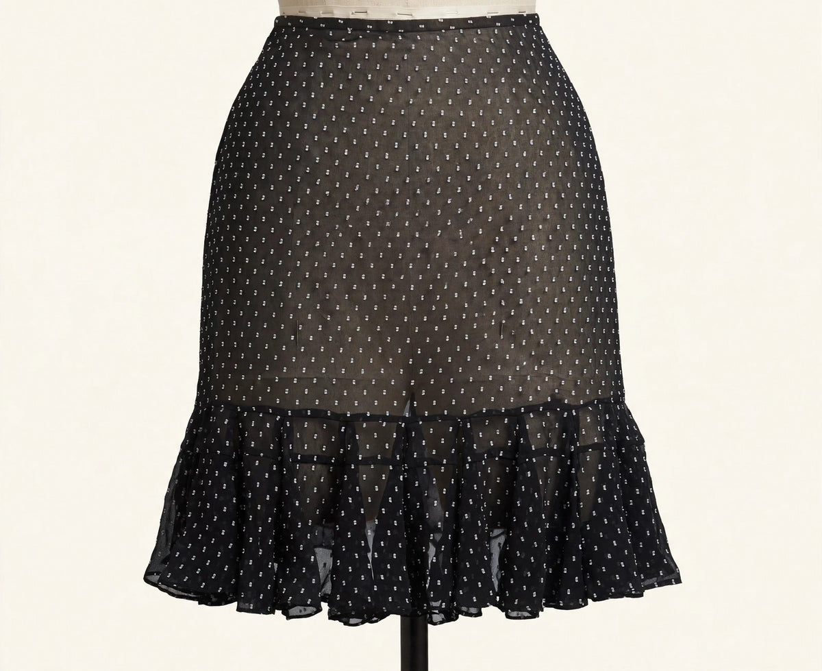 Ann Taylor LOFT black sheer dotted ruffle hem skirt on dress form
