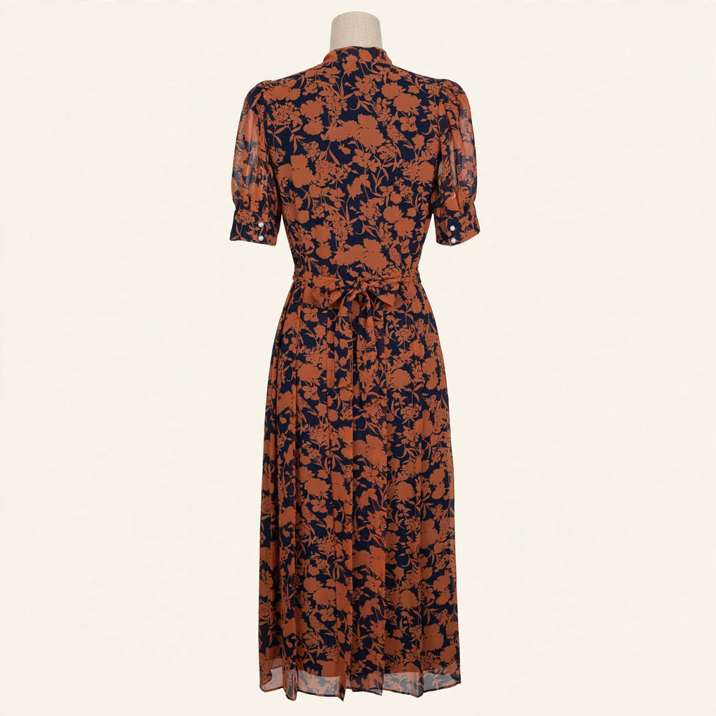 1901 Rust & Navy Floral Tie-Neck Midi Dress - Size M