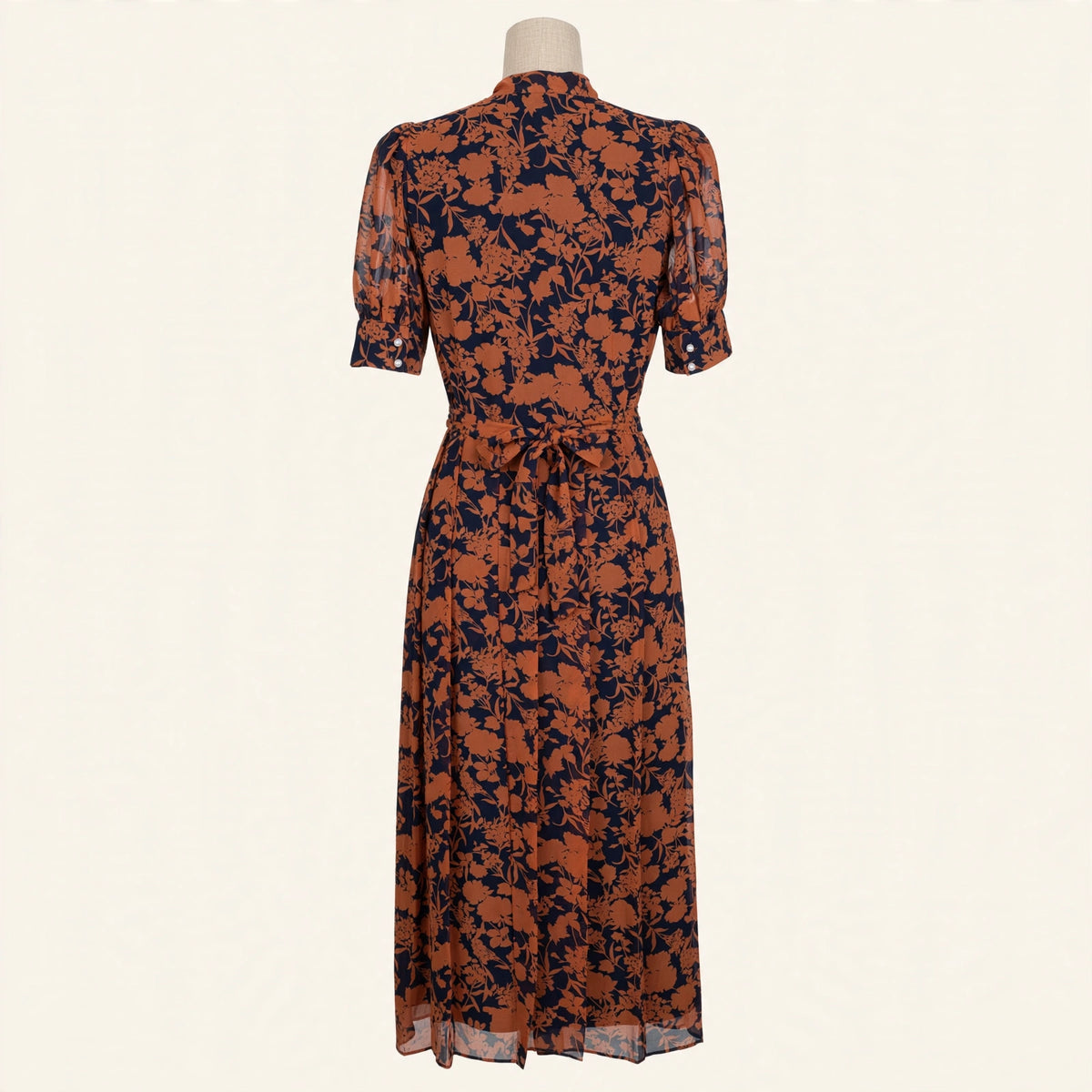 1901 Rust & Navy Floral Tie-Neck Midi Dress - Size M