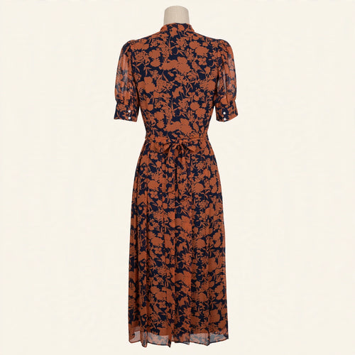 1901 Rust & Navy Floral Tie-Neck Midi Dress - Size M