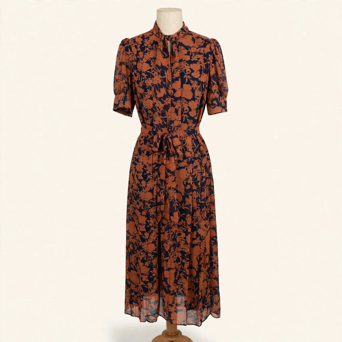 1901 Rust & Navy Floral Tie-Neck Midi Dress - Size M