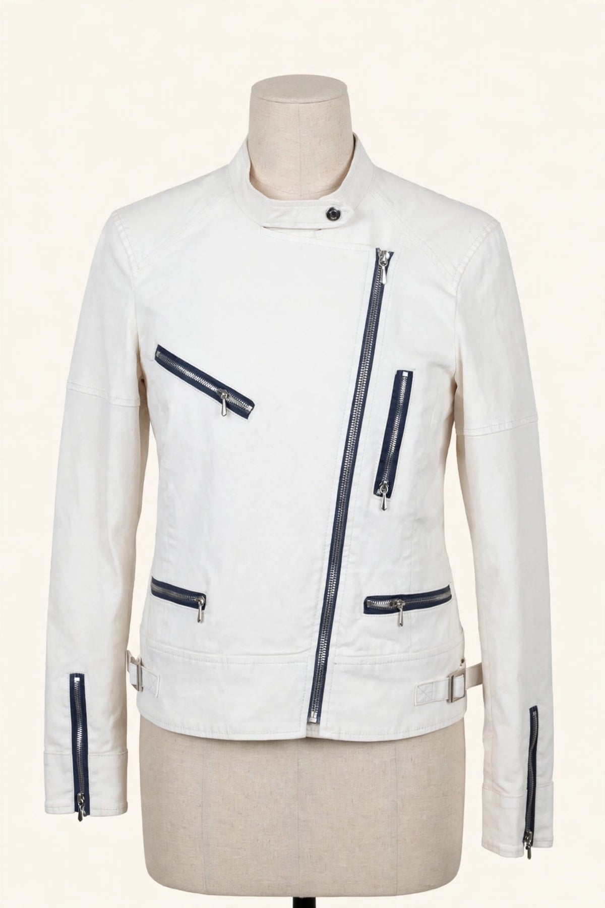7 For All Mankind White Moto Jacket with Navy Zippers - Size M