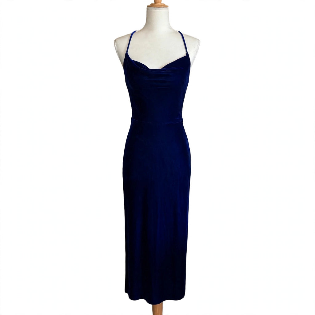 Adelyn Rae royal blue velvet dress, full length, front on a dress form
