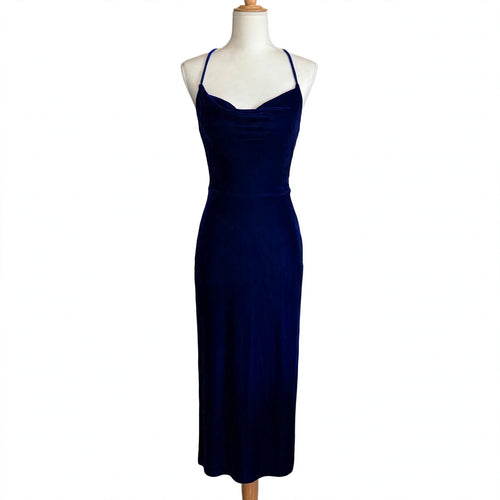 Adelyn Rae royal blue velvet dress, full length, front on a dress form