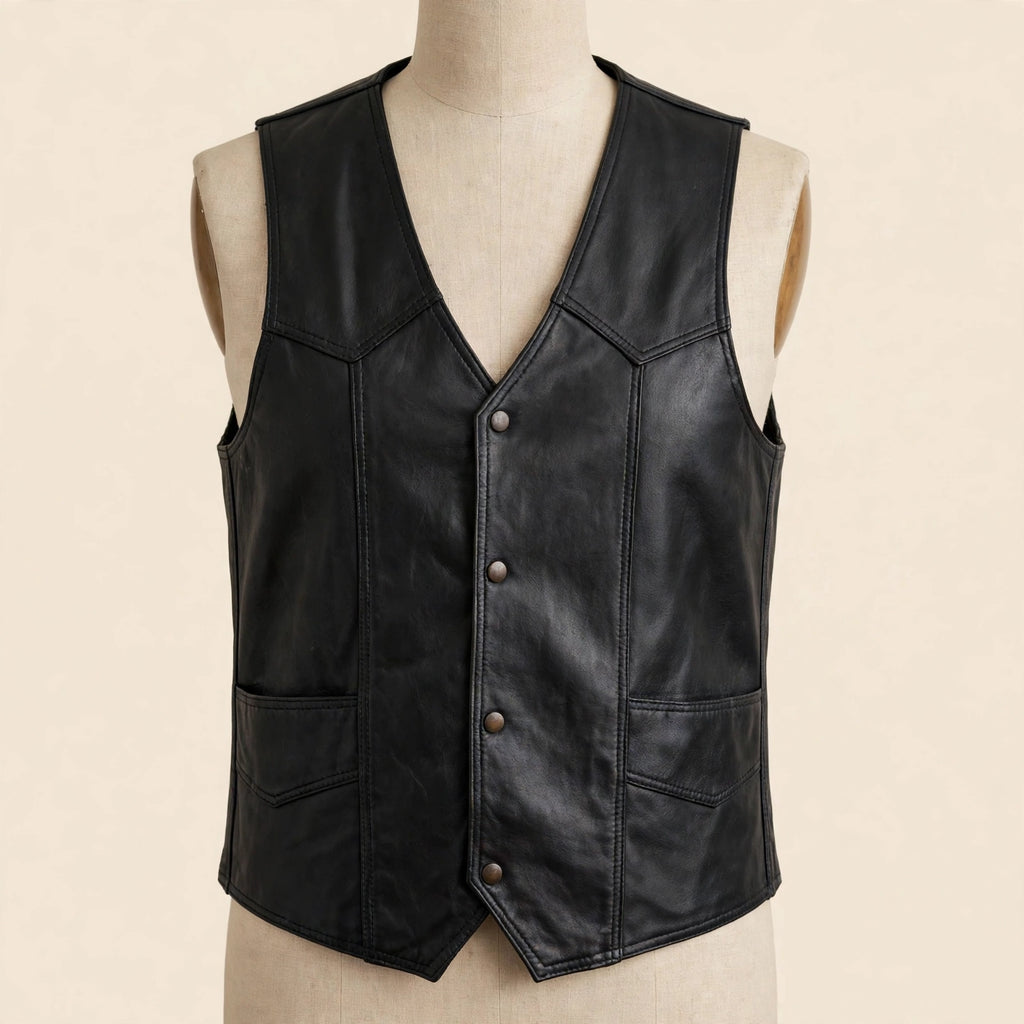 USA Bikers Dream Apparel Black Leather Snap Front Vest Size 48