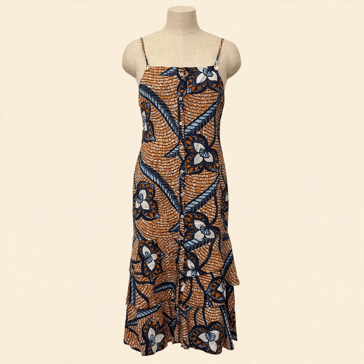 Figue Orange & Navy Wax Print Tiered Ruffle Midi Dress - Size S