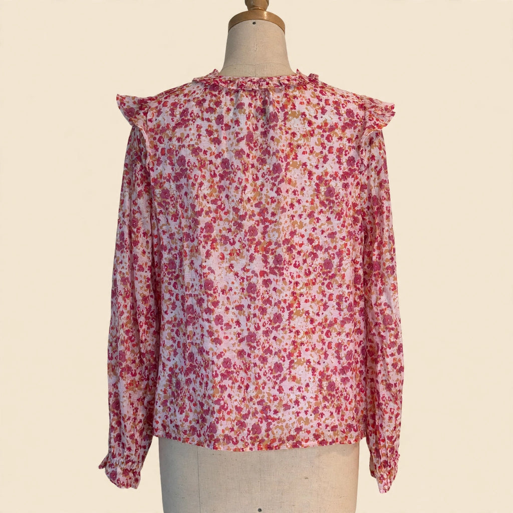 J.Crew Pink Floral Ruffle V-Neck Blouse - Size M