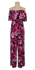 Little Gem Pink & Black Tropical Floral Strapless Ruffle Jumpsuit - Size S