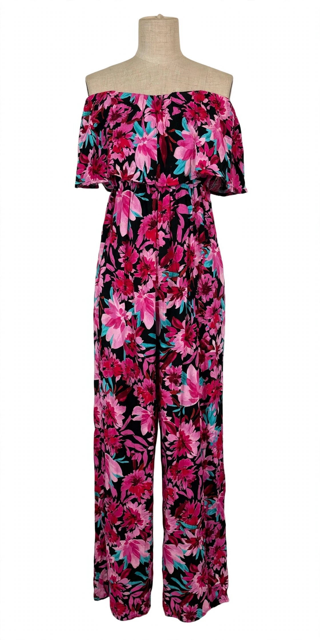Little Gem Pink & Black Tropical Floral Strapless Ruffle Jumpsuit - Size S