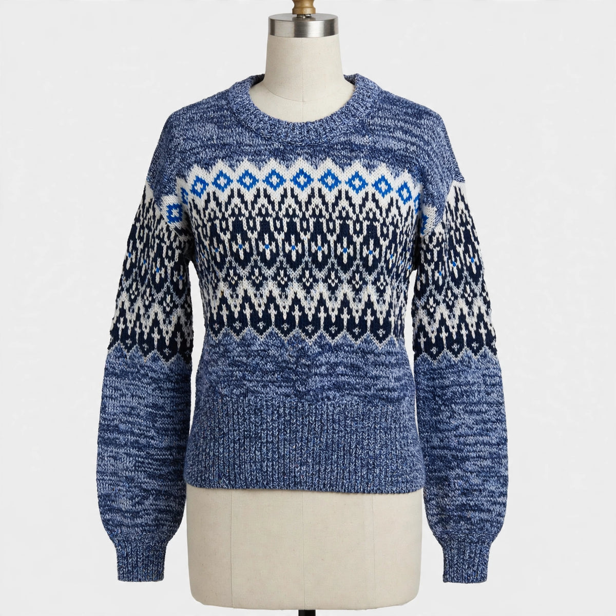 LOFT Blue & Navy Marled Fair Isle Chunky Crewneck Sweater - Size XS