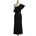 Lulus black one-shoulder dress on a dress form