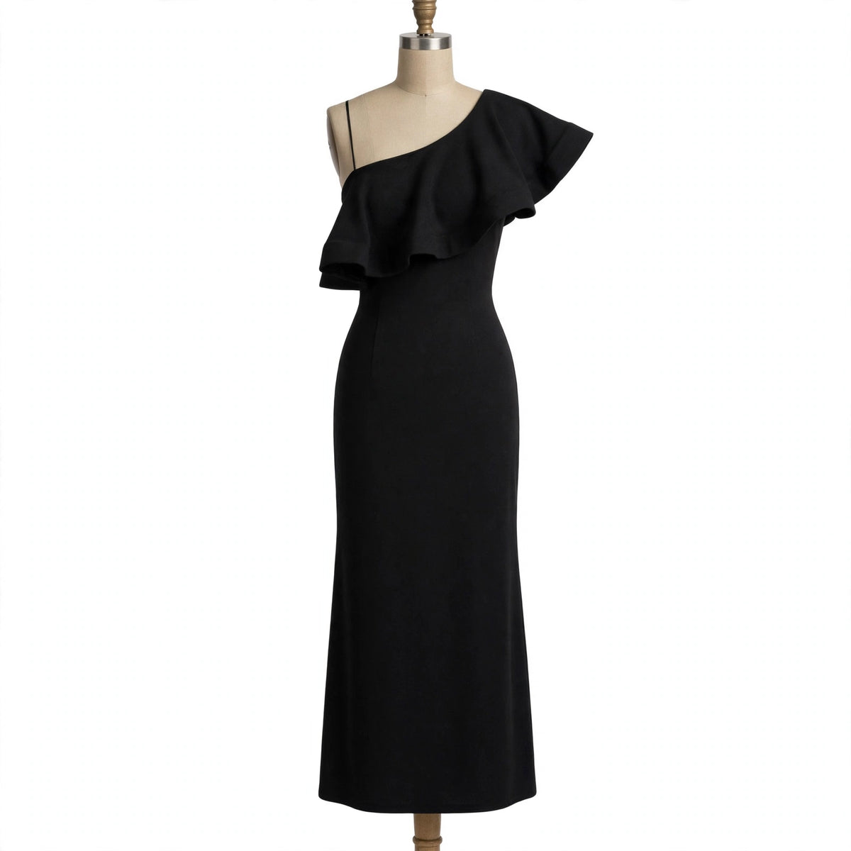 Lulus black one-shoulder dress on a dress form