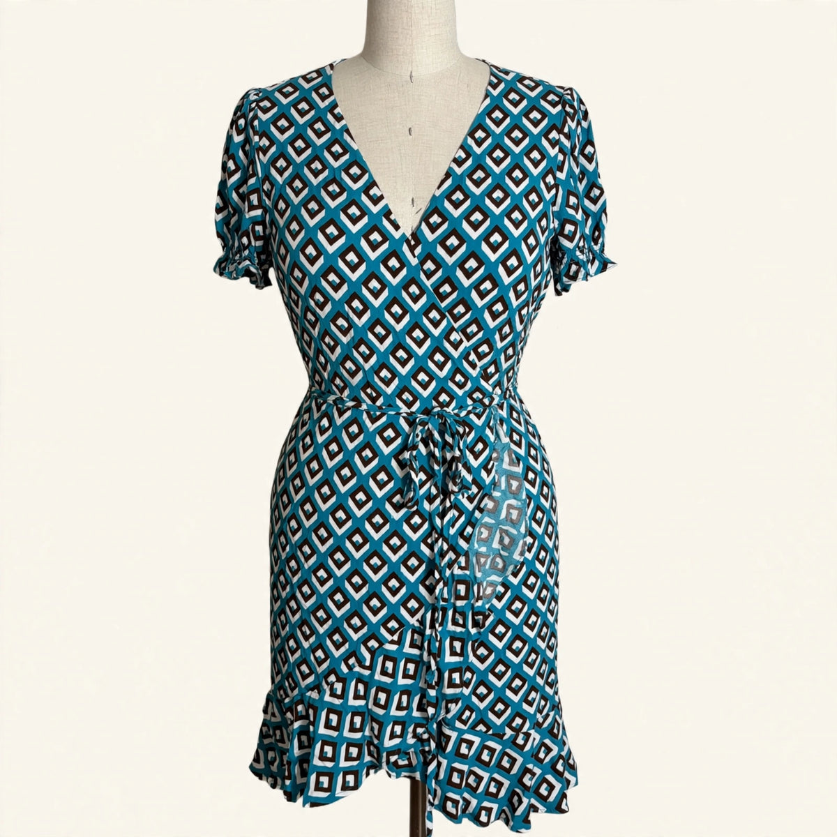 Diane von Furstenberg Teal Geometric Print Wrap Dress - Size L