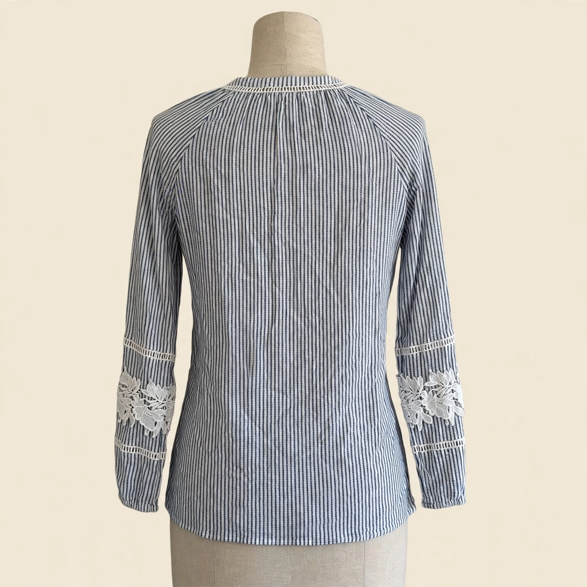 Pale Sky Navy & White Striped Peasant Top with Lace Sleeves Size S