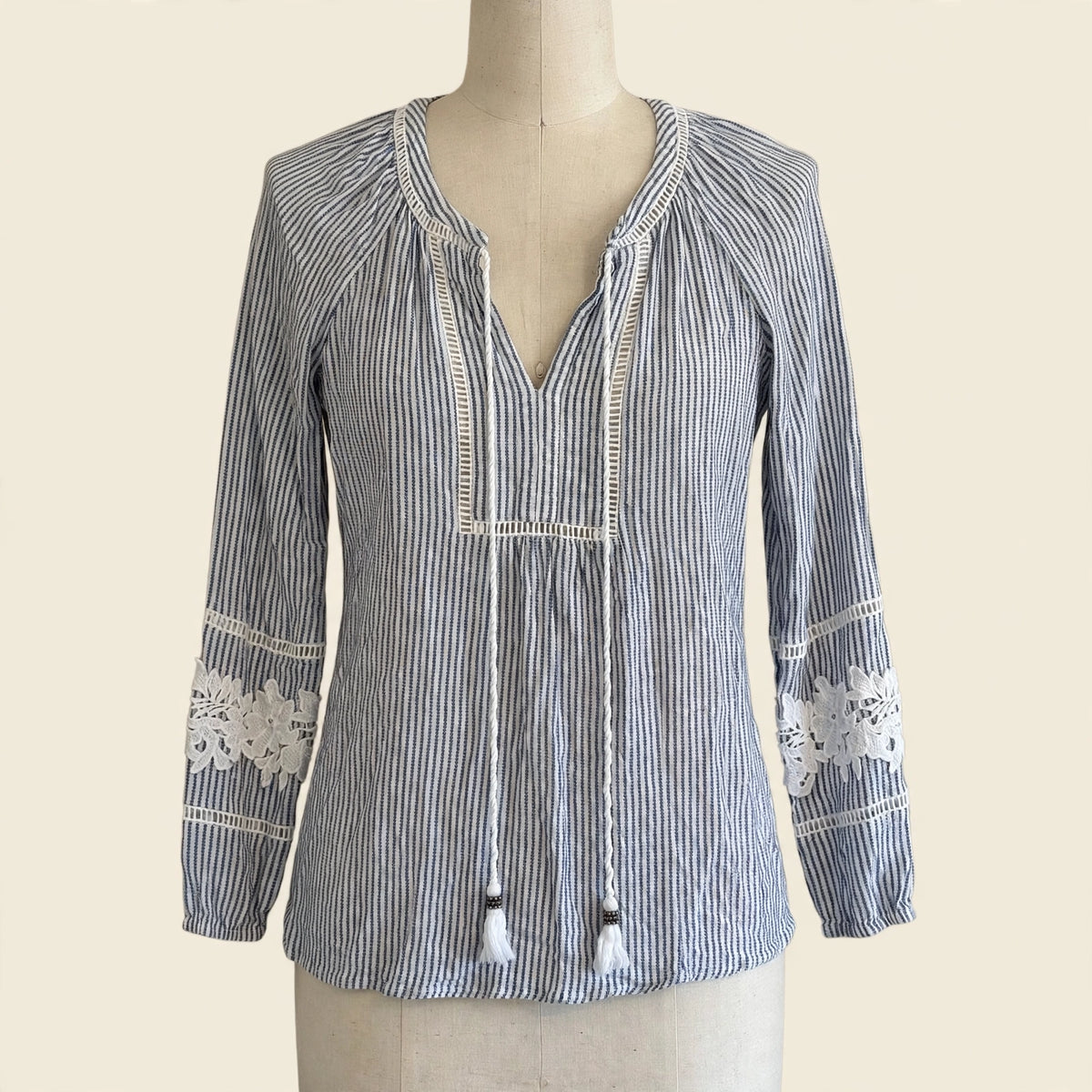 Pale Sky Navy & White Striped Peasant Top with Lace Sleeves Size S