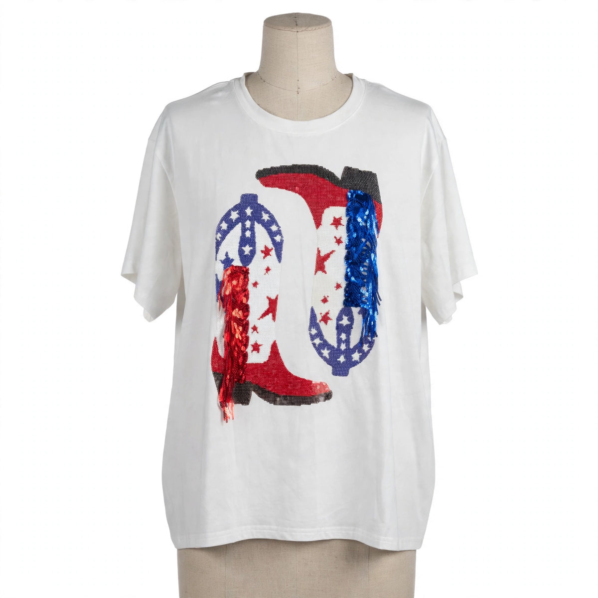 Queen of Sparkles sequin boots tee on a dress form