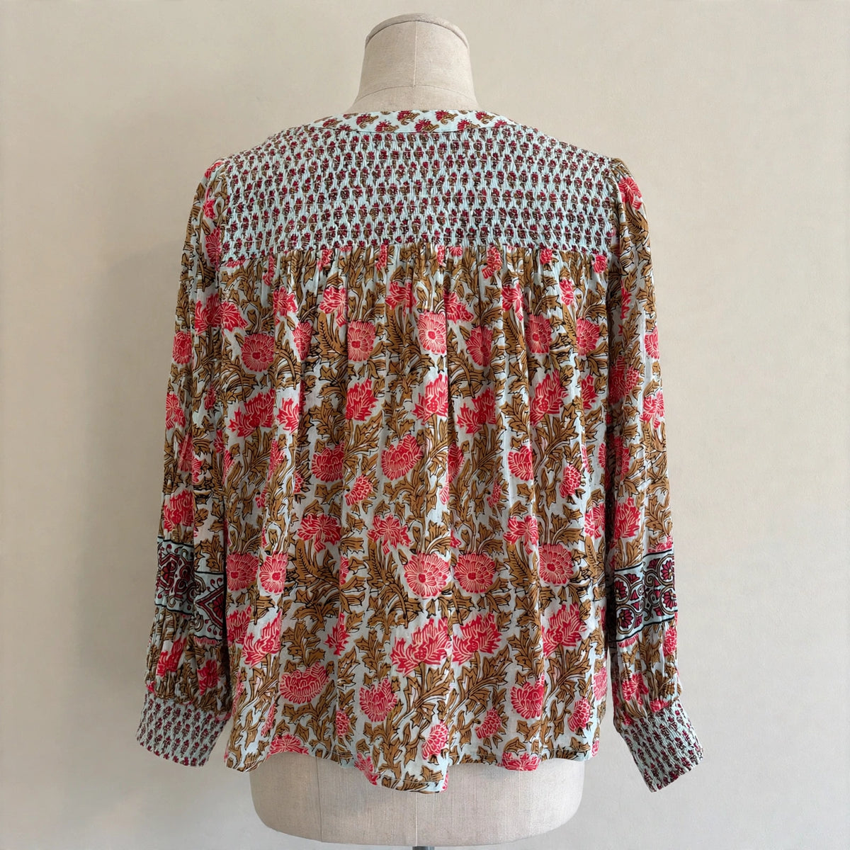 Rachel Zoe Block Print Smocked Peasant Blouse with Tassel Ties Size S