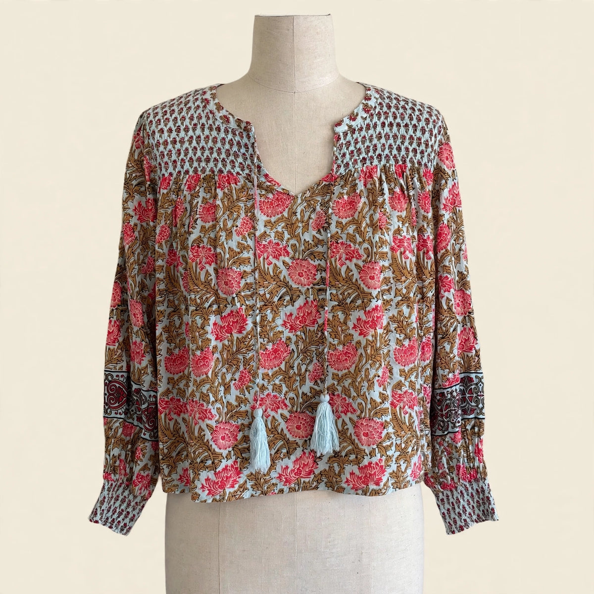 Rachel Zoe Block Print Smocked Peasant Blouse with Tassel Ties Size S