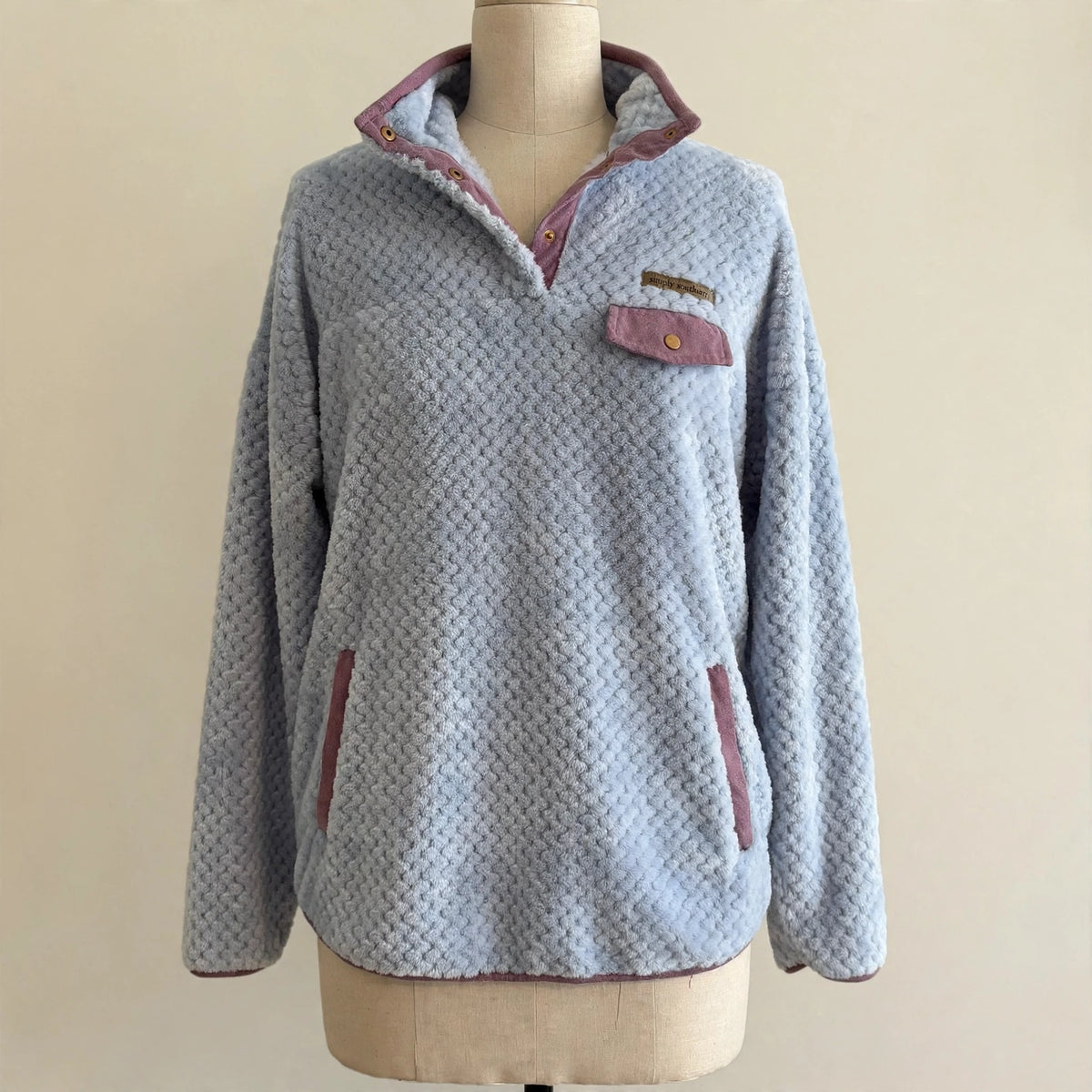 Simply Southern Light Blue Sherpa Snap Pullover-Size L