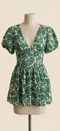 Showpo Green Floral Puff Sleeve Mini Dress - Size US 6