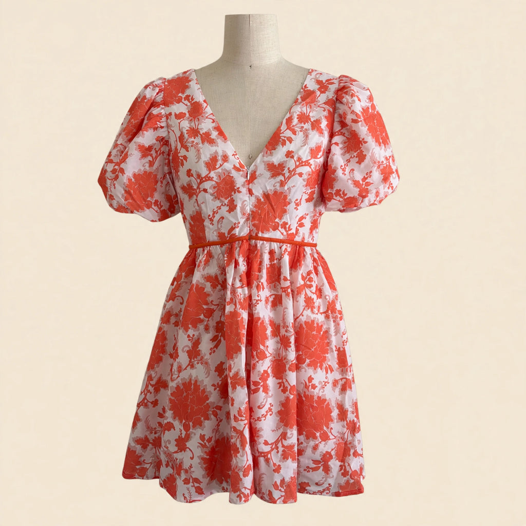 Showpo Orange Floral Puff Sleeve Cutout Mini Dress - Size US 6