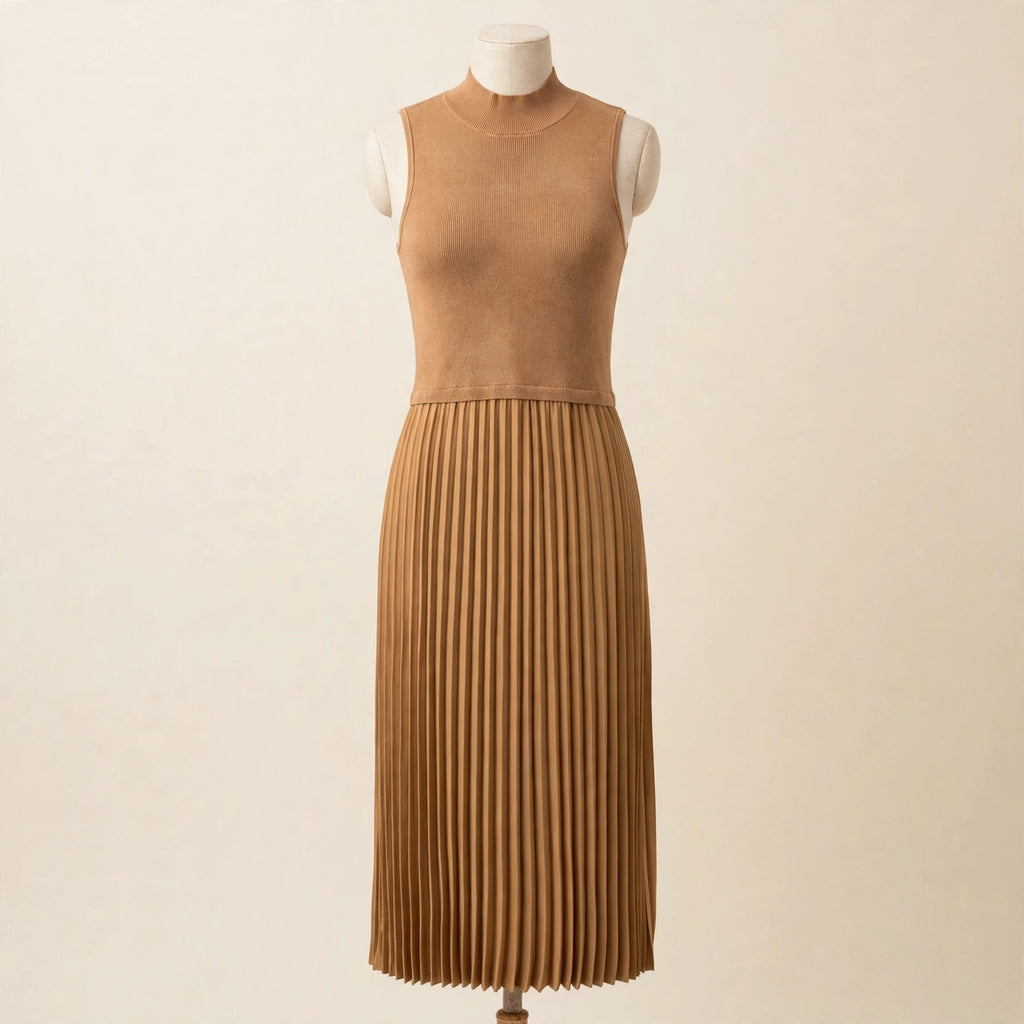 Skies Are Blue Camel Mock Neck Pleated Midi Dress - Size M