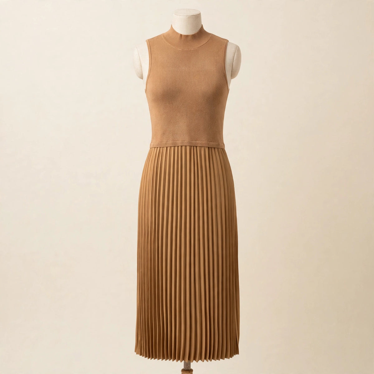 Skies Are Blue Camel Mock Neck Pleated Midi Dress - Size M