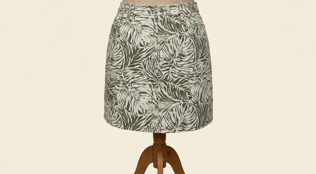 Tommy Bahama Olive & White Palm Print Denim Mini Skirt